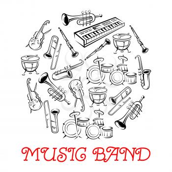Sketched sound instruments or equipment for musical band. Synthesizer and violin with bow or fiddlestick, trap set or drum kit, saxophone and trumpet.  Woodwind, string, brass, percussion used in jazz