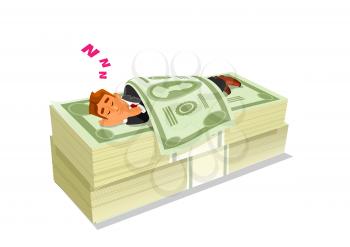 Cartoon businessman in suit sleeping or napping on pack or pile of cash or money. Concept of successful stock investment or passive income, rich and wealth, financial freedom.