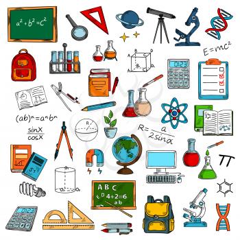 Sketches of school or university, college science equipment for studying or learning, education. Blackboard and magnifying glass, ruler and telescope, microscope and bag, flask and tube, pencil and at
