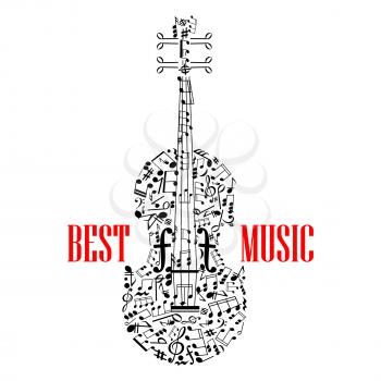 treble and Bass clefs and notes in scattered random form united in shape of violin or fiddle with letters Best music