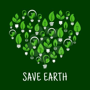 Lightbulbs like leafs in screw in shape of heart. Idea of saving nature and ecological environment, care about energy consumption.