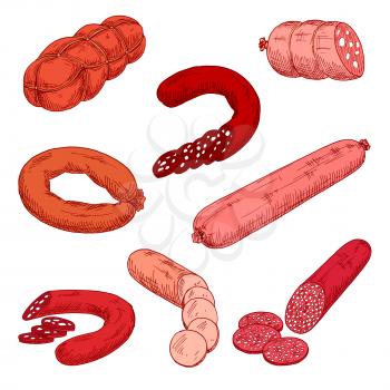 Sausage meat products like wurst or kielbasa. Food made of beef, pork or veal and starch that is grilled or baked. Concept of nutrition with Polish or Frankfurter sausage
