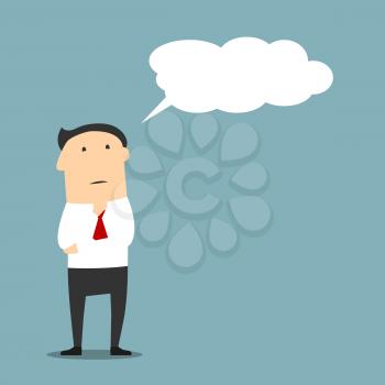 Cartoon businessman or manager thinking with cloud or bubble. Serious face expression while concluding or guessing something, considering or deeming thought