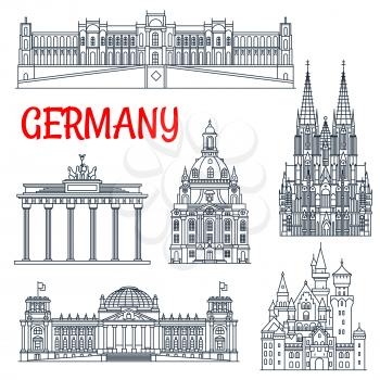 Tourism thin line Germany remarkable landmark. Travelling to visit places like Brandenburg gate and Neuschwanstein castle, Reichstag building and cologne cathedral, dresden frauenkirche in Berlin and 