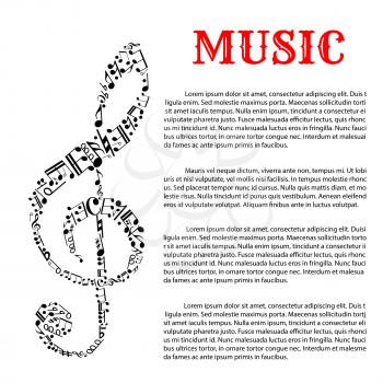 Music and sound infographic template with treble clef that is made of different musical notes in science or helmholtz notation on left side. 
