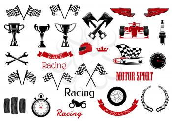Design elements or set of isolated icons for motosport and racing. Checkered flags and winner cup or bowl,  formula one cars or F1 and wrench or spanner, , laurus leaves and motorbike,wheel and speedo