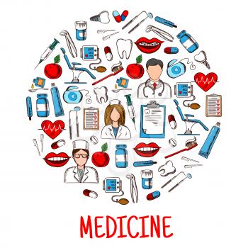 Medicine or healthcare equipment icons in round shape. Nurse and doctor wearing stethoscope, physician and pill, salve and thermometer, dental chair and syringe, mouth with lips and braces on teeth, d