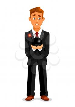 Cartoon businessman or manager in suit and necktie with scared look and fear holding ignited bomb and candle wick with sparks. Concept of deadline or crisis, taking risk or having stress, being in hur