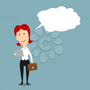Cartoon businesswoman reading from tablet with bubble or cloud. Lady or female with smiling or happy face expression when concluding or guessing something, considering or deeming thought
