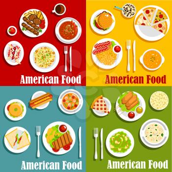 North american or United States traditional national cuisine. Egg benedict and hot dog, hamburger and cheeseburger, sandwich with beef and pork or sirloin steak, sausage with sauce or ketchup and chor