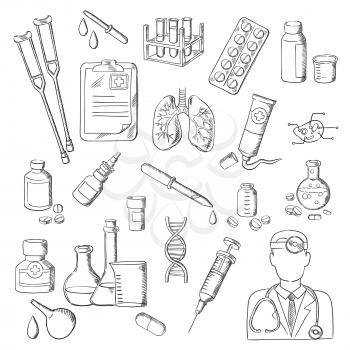 Sketches of doctor with stethoscope, pill, syringe, test tube, medical checkup form, laboratory flask, DNA, human lungs and cell, medicine bottle, ointment tube, dropper, crutches and enema