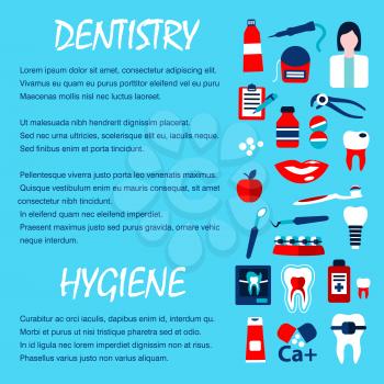 Dentistry template for dentist office design with flat symbols of healthy and decayed teeth, dentist, tool, pill, toothbrush, toothpaste, implant, braces, x-ray scan, floss and mouthwash