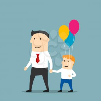 Cheerful father and son with bundle of balloons walking holding hands. Father day concept or weekend leisure activity theme design. Cartoon style