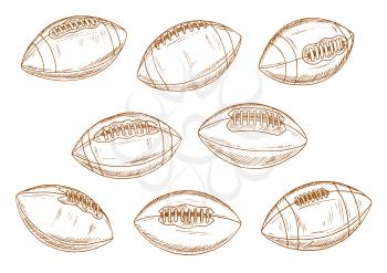 Retro balls of american football game brown sketch symbols with classic elongated leather sporting balls with stitching and lacing. Sporting competition or sports items design