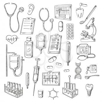 Sketched stethoscopes, thermometers and syringes, medicines, test tubes and drip chambers, microscope, heart and ear, dentist tools, tooth implant, checkup form, ecg and blood pressure monitors, DNA h
