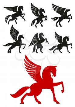 Pegasus horses silhouettes of prancing and rearing up winged horses with raised and folded wings. Heraldic theme or t-shirt print design