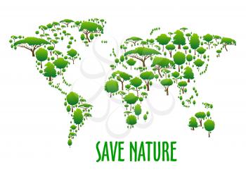 Abstract world map symbol made up of green trees and bushes icons with caption Save Nature below. Use as ecological infographics and earth day theme design