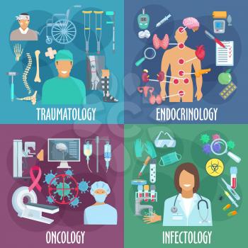 Traumatology, endocrinology, oncology and infectiology icons with doctor, diagnostic equipment, laboratory research, medicines and treatment, rehabilitation therapy and preventive action symbols