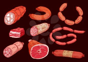 Butcher shop products icon with sketches of cured ham and smoked sausage, american bacon slab and spicy spanish chorizo, italian salami and pepperoni. Food packaging or butchery signboard design