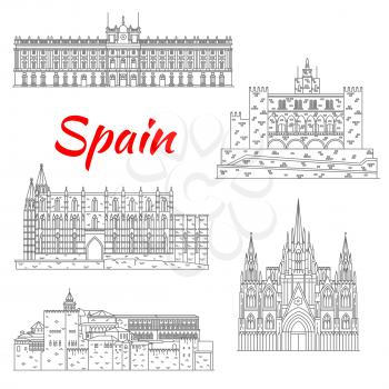 Spanish tourist sights icon of fortress Alhambra in Granada, Royal Palace of Madrid, Cathedral of Santa Maria in Palma, Barcelona Cathedral and Royal Palace of La Almudaina in Palma. Thin line style