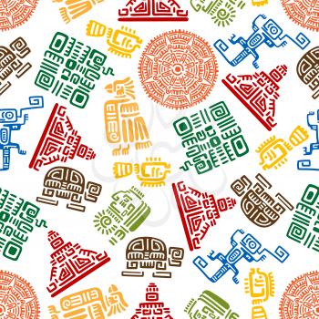 Seamless background with mayan and aztec ornaments for ethnic decoration design with colorful pattern of eagles, snakes and suns, warriors and pyramids, turtles, lizards and fishes