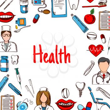 Dentistry and healthcare background with colored sketches of physician, dentist and nurse, pills, syringes and thermometer, heart, teeth and tooth implant, toothbrushes and toothpastes, dentist chair 