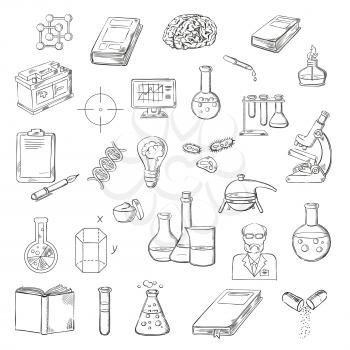 Scientist with sketch symbols of microscope, laboratory test tubes and flasks, books, computer and clipboard with pen, human brain, DNA and molecules, lab burner, battery and geometric models, idea li