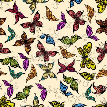 Tropical butterflies seamless pattern with flying summer insects, adorned by ornaments of swirling lines on delicate peach background
