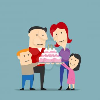 Birthday or anniversary celebration, family traditions theme design. Happy smiling parents and two kids are holding big cake decorated by buttercream frosting and candles. Cartoon style