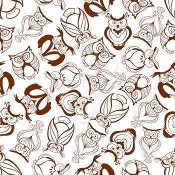 Brown horned owls seamless pattern of sketched bird of prey with folded wings and huge eyes randomly scattered over white background. Education theme or forest wildlife design