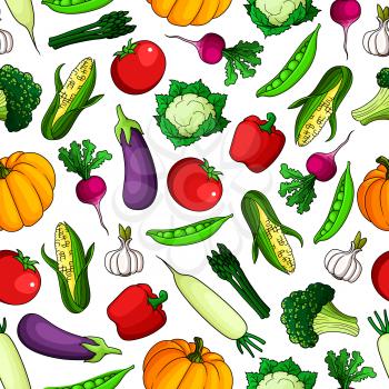 Red sweet bell peppers, tomatoes and pumpkins, ripe eggplants, cauliflowers and corn, zesty radishes and garlic, green peas, broccoli and bundles of asparagus vegetables seamless pattern background
