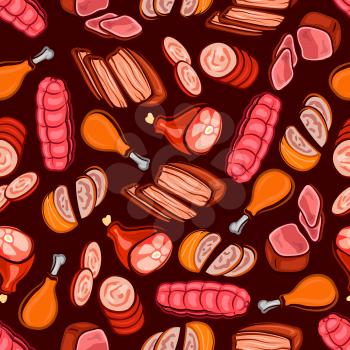 Seamless meat and sausages pattern with baked beef and pork tenderloin, mortadella and bologna sausage, chicken leg, cured ham on maroon background. Food packaging design usage