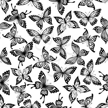 Butterflies seamless pattern with black and white background of monarch, swallowtail and buckeye butterflies with ornamental open wings. Nature concept or interior decoration design