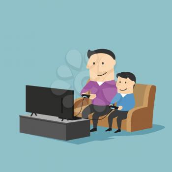 Playful father and son spending time together and playing video games on a game console in living room at home. Great for family time and entertainment concept design. Cartoon style