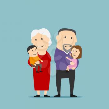 Blissful cartoon grandmother and grandfather stands with grandkids on hands. Happy smiling grandparents family with grandson and granddaughter. Use as family concept and weekend leisure theme design