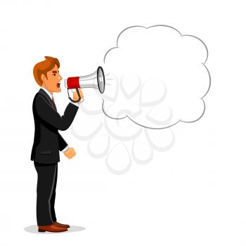 Angry businessman making announcement through loudspeaker megaphone with speech bubble for your text. Use as promotion, advertising campaign or protest demonstration concept design