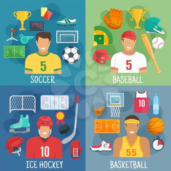 Soccer or football, baseball, ice hockey and basketball players icons with sportsmen in uniform, ball, puck, stick, bat, helmet, glove, trophy, boots and skates, game court and field, gate and basket