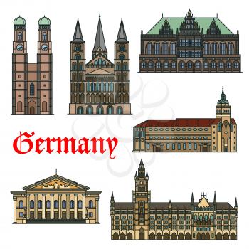 Religious and cultural landmarks of german architecture icon with Bonn Cathedral, Bremen Town Hall and National Theatre, New Town Hall, St. Peter Church and Frauenkirche Cathedral