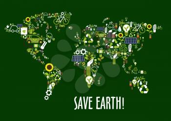 Save earth concept icon with world map composed of solar panels, recycling signs and light bulbs with green leaves, electric cars, green eco energy, biofuel and bicycles, flowers, water and industrial