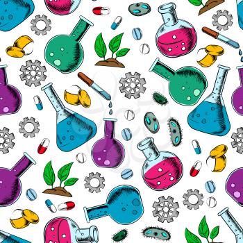 Seamless pattern of laboratory flask, pill, chemical powder, bacteria cell, green plant and gear for medical, pharmaceutical and botanical research. Scientific laboratory theme design