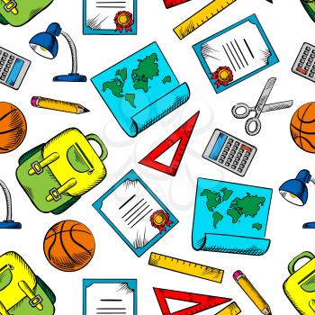 Seamless pattern of school backpacks, pencils, rulers and world maps, calculators, scissors, basketball balls, desk lamps and diplomas on white background. Back to school or education concept design