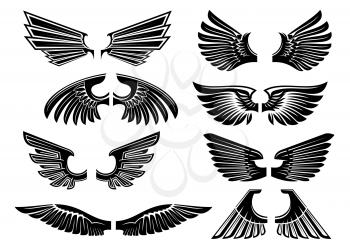 Heraldic wings of angel or bird black silhouettes of spread wings with tribal stylized plumage and pointed feathers. Heraldry theme or tattoo design