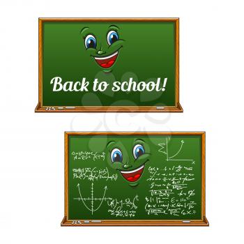 School chalkboard cartoon characters with mathematics chalk formula, graph and caption Back to School. For education theme or childish book hero design usage