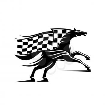 Racehorse stallion symbol rearing up ready to run with flowing racing flag in a shape of mane. Horse racing badge or equestrian sport design