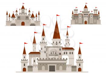 Medieval castles of fairytale kingdom palace, fortified fortress of brave king and royal residence with walls and towers, vintage arched windows with balconies, turrets with flags