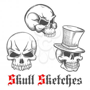 Spooky halloween skulls engraving sketches of gentleman skull in vintage top hat and monsters skeletons with sharp teeth. Use as tattoo, halloween mascot or t-shirt print design