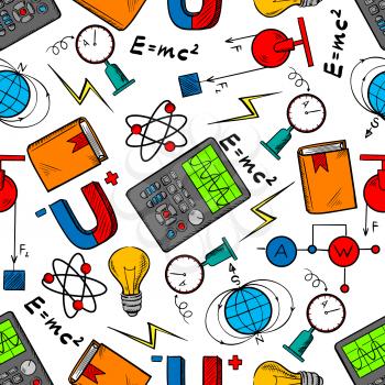 Physics science seamless pattern of book, light bulbs and electric circuits, models of atom and earth magnetic field, electrical measurement and test instruments, formulas and magnets