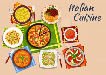 National italian cuisine with margarita pizza surrounded by tomato and mozzarella salad and potato gnocchi, pasta soup and caesar salad, grilled steak, vermouth soup and pasta salad