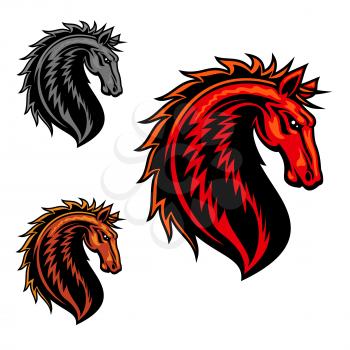 Wild mustang horse mascot with fiery red spiky mane and curved neck. Equestrian sporting symbol, horse racing or sports team mascot design
