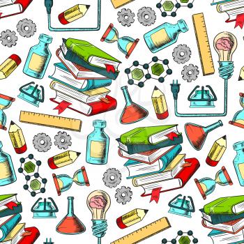Physics and chemistry sciences pattern for education design with seamless background of laboratory equipment, flasks, books, pencils, rulers, idea light bulbs, gears, molecules and hourglasses